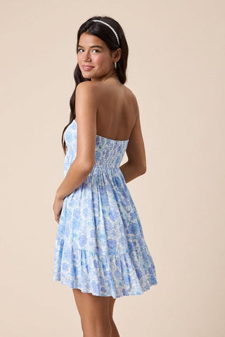 Ice blue babydoll graduation dress - back view with smocked detail