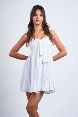 Sammie white strapless mini dress with sweetheart neckline and empire waist. Perfect for graduation and sorority rush