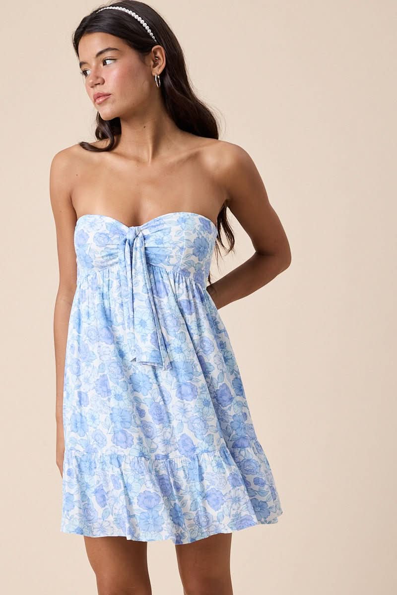 Sammie Ice Blue Floral Strapless Babydoll Dress  For Summer