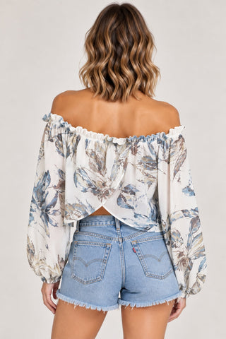 San Nicolas Tropical Print Off-The-Shoulder Crop Top - Detail Back View