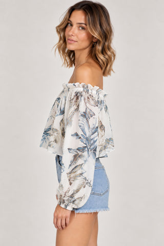 San Nicolas Tropical Print Off-The-Shoulder Crop Top - Detail Side View