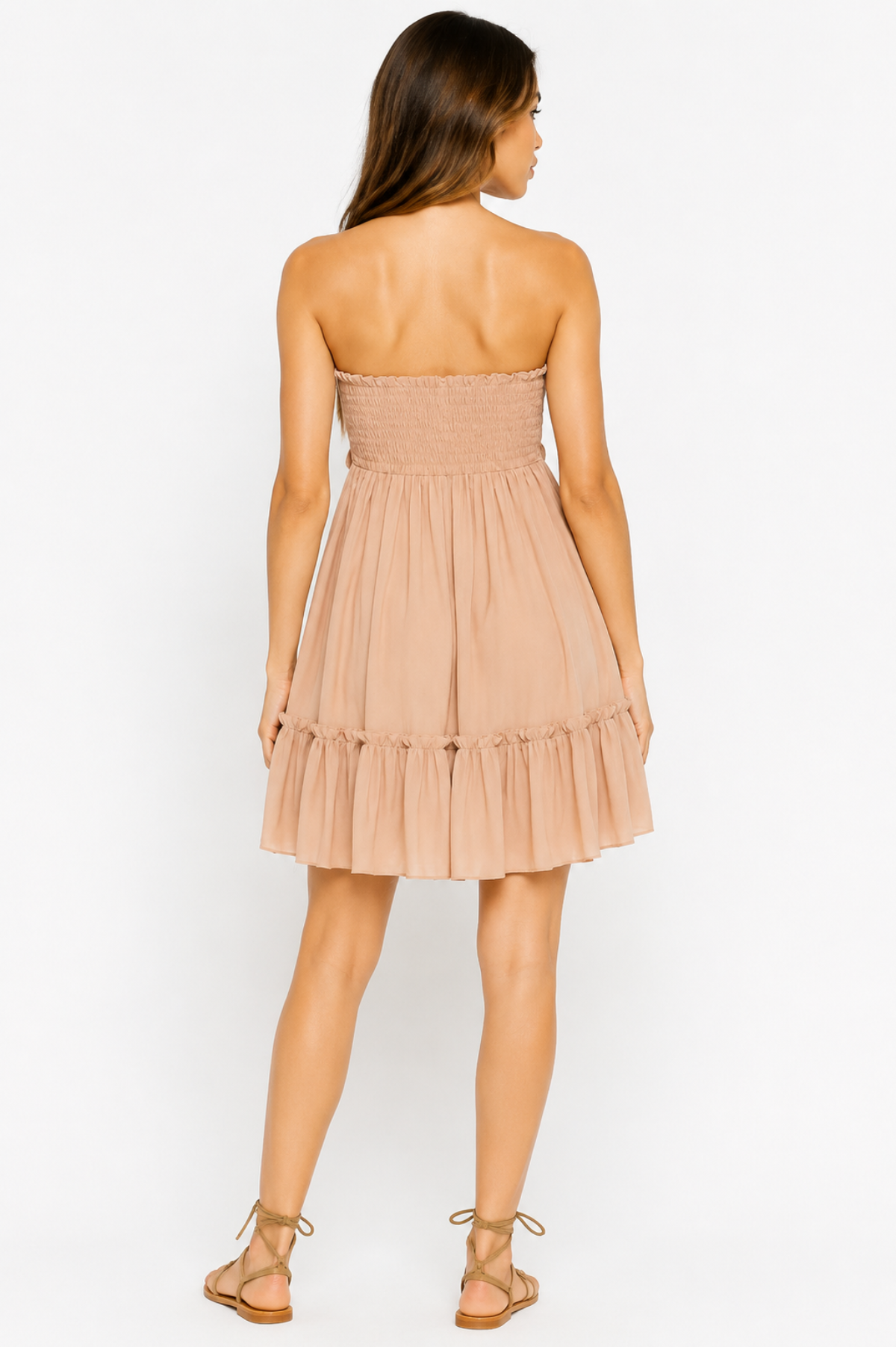 Sandy Beige Strapless Babydoll Mini Dress – Flowy Ruffle Hem – Olivaceous