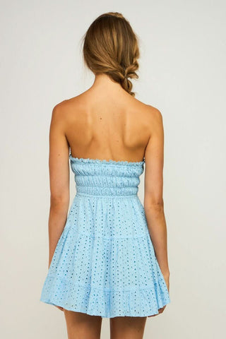 Sarah Blue Eyelet Strapless Mini Dress - Back View