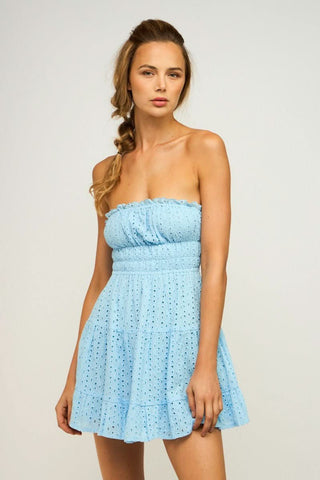 Sarah Blue Eyelet Strapless Mini Dress - Front View