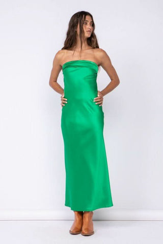 Irene Green Satin Strapless Cowl Back Maxi Dress styled with cowboy boots