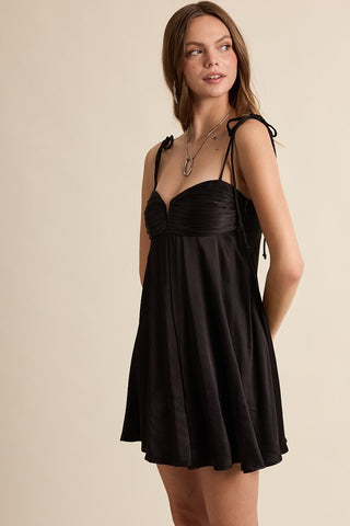 Serena Black Satin Babydoll Mini Dress -Black Silk Mini Dress Formal