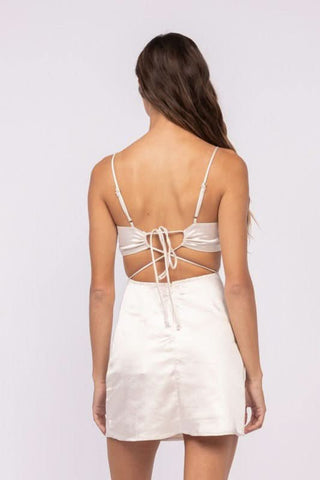 Cream Satin Open Back Dress with Cross-Back Tie Detail | Boho Pink