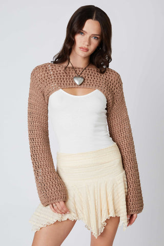 mocha lightweight crochet shrug layered over tank