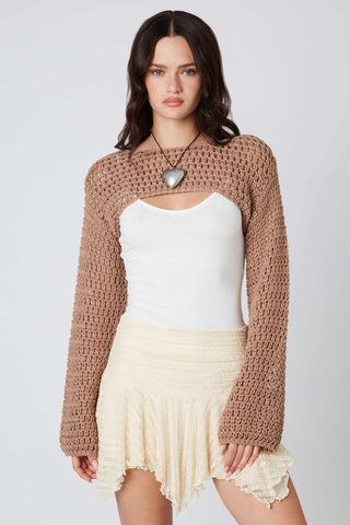 mocha crochet shrug front view