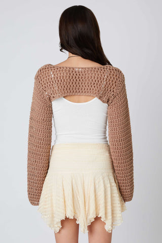 mocha crochet shrug back view wide sleeves
