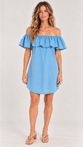 See Ya In Miami Light Blue Chambray Off-the-Shoulder Dress - Ourtfit View