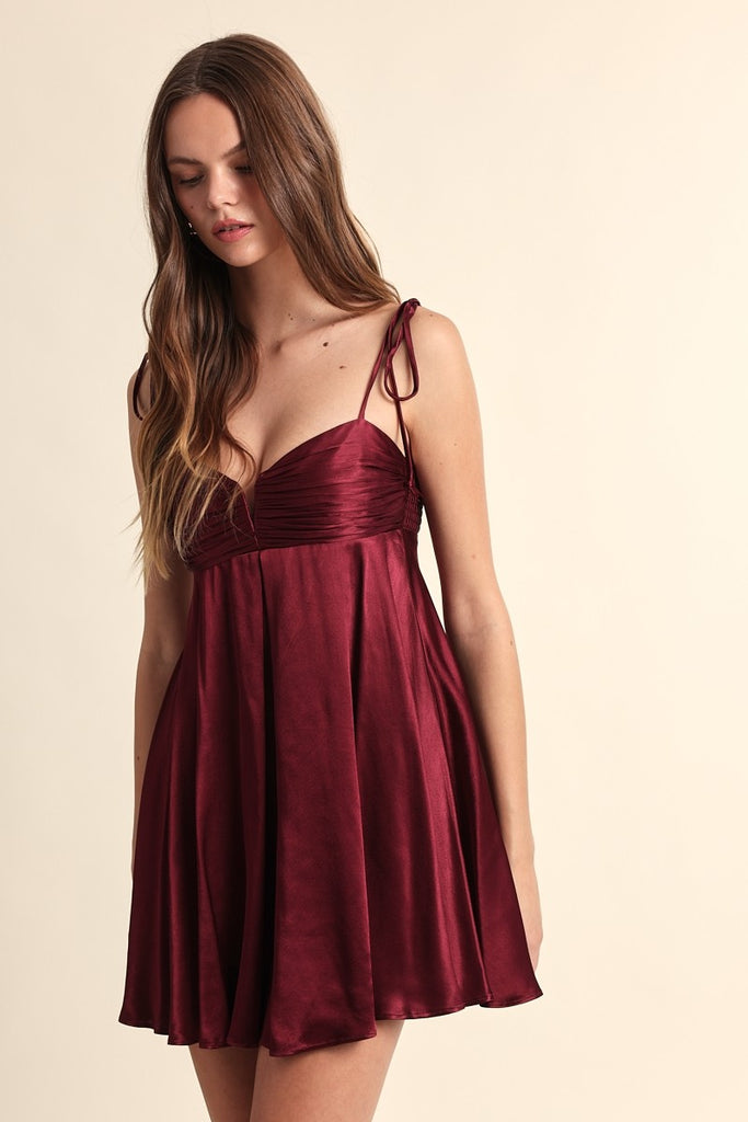 Serena Burgundy Satin Babydoll Mini Dress - Front View