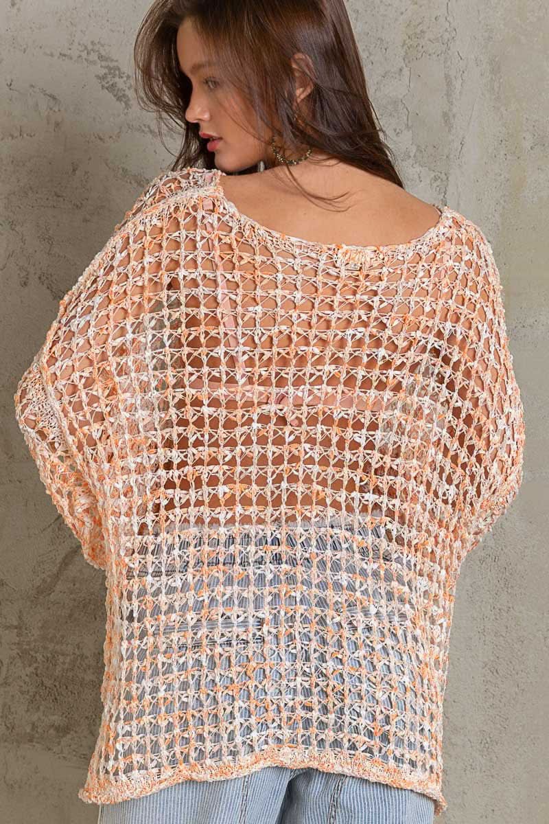 Lucky in Love Orange Sheer Crochet Sweater - Back View