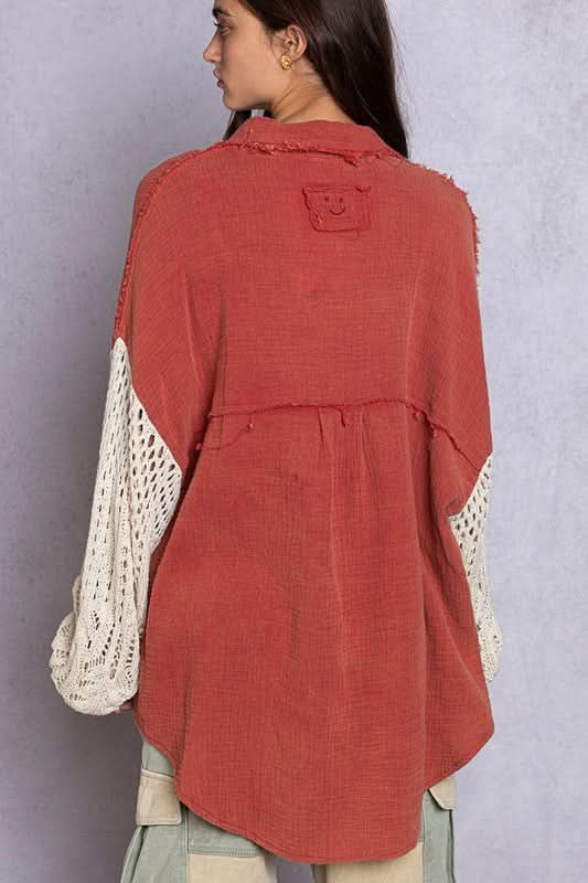 Lesley Dusty Red Crochet Sleeve Shacket Back View