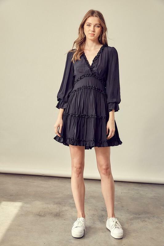 Mustard Seed Adele Black Ruffle Mini Dress - Size S - Polyester/Rayon - Plunging V-Neckline - Three-Quarter Sleeves - Fit-and-Flare Skirt Mustard Seed Adele Black Ruffle Mini Dress - Size S - Polyester/Rayon - Plunging V-Neckline - Three-Quarter Sleeves - Fit-and-Flare Skirt