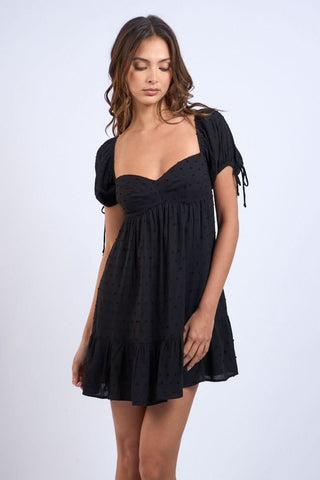 Harleigh Black Puff Sleeve Babydoll Mini Dress front view | Boho Pink