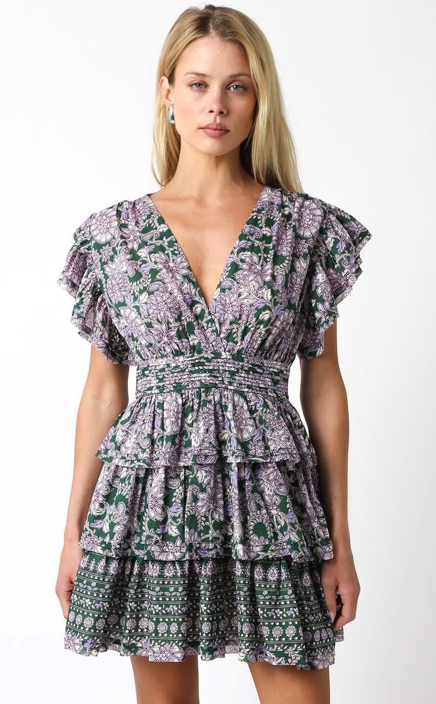 Olivaceous Jodie Green Floral Tiered Ruffle Mini Dress - Size S - Plunge V Neckline & Flutter Sleeves Olivaceous Jodie Green Floral Tiered Ruffle Mini Dress - Size S - Plunge V Neckline & Flutter Sleeves