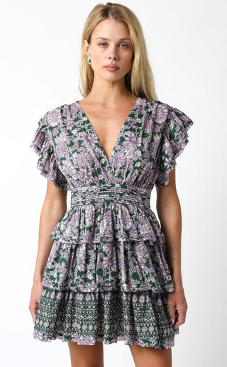 Jodie Green Floral Tiered Ruffle Mini Dress - Front View