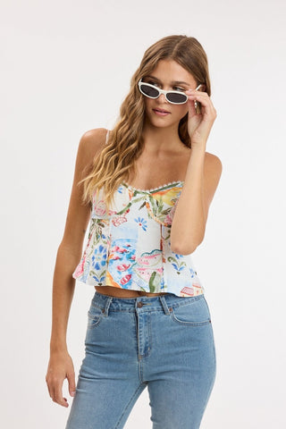 Sirena white postcard print corset top front view