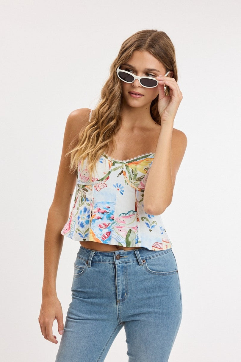 Sirena white postcard print corset top front view