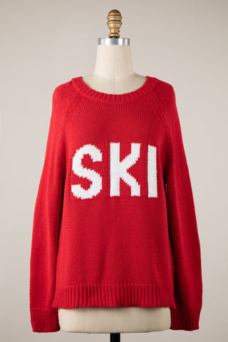 Ski Red Oversized Pullover Sweater - Winter Sweater for Women - Front View