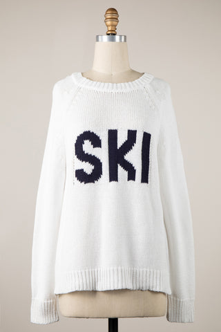 Ski White Oversized Pullover Sweater - Winter Sweater for Women - Front View