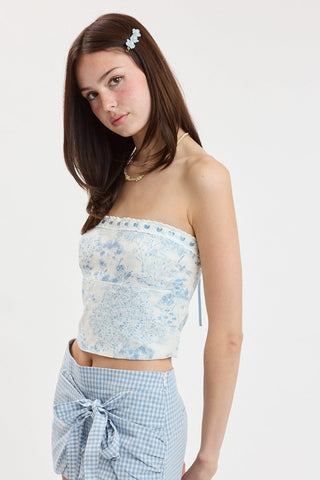 sky blue pond print tube top side view