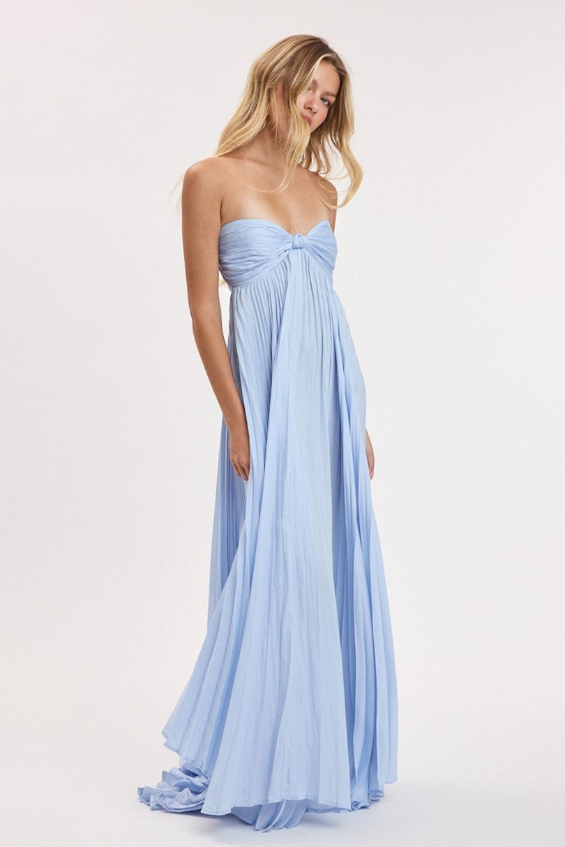 Full body shot of Sky To Moon baby blue empire waist maxi dress