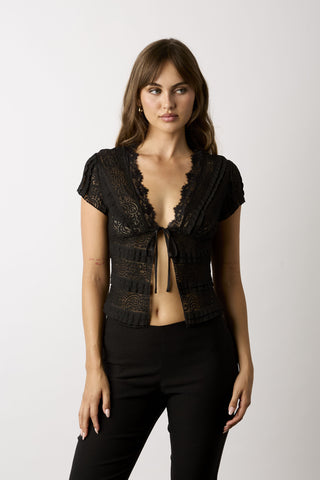 Skyler black sheer lace tie-front top