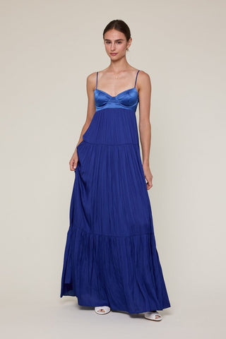 Blue satin corset tiered maxi dress with flowy silhouette
