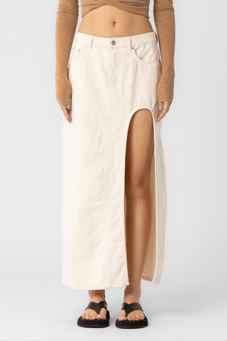 Santa Monica Ecru Denim Slit Maxi Skirt - Front View