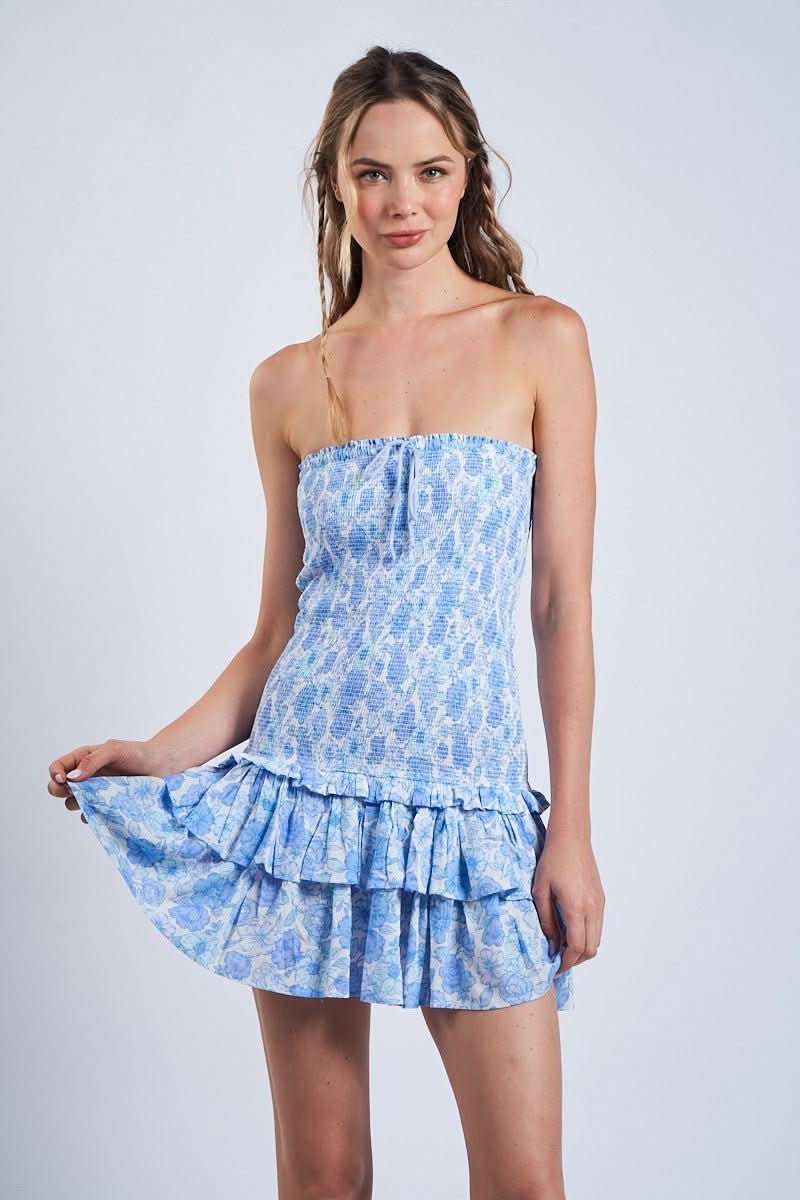 Sloane Blue Floral Drop Waist Tube Mini Dress with Ruffles