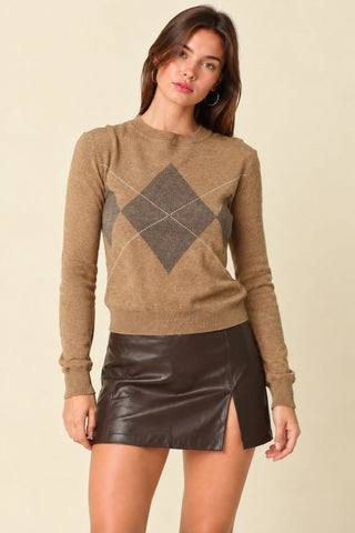 Sloane Camel Argyle Knit Crewneck Sweater - Front View