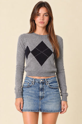 Sloane Grey Argyle Knit Crewneck Sweater - Front View