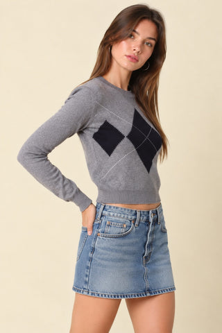 Sloane Grey Argyle Knit Crewneck Sweater - Side View
