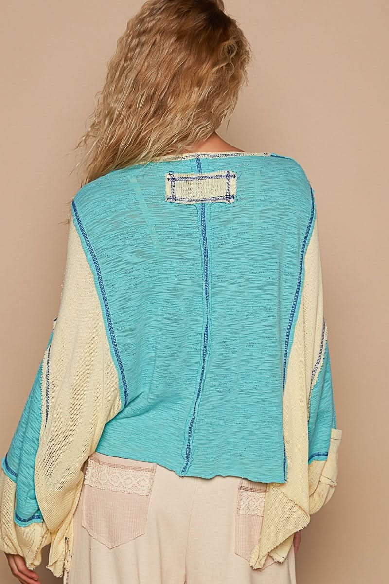 Kelsey Aqua and Yellow Oversized Slouchy Top Off Shoulder