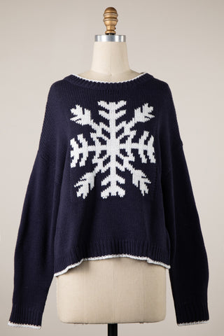 Snowflake Navy Oversized Pullover Sweater - Front View

