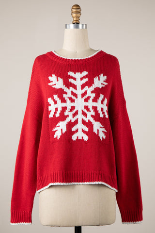 Snowflake Red Oversized Pullover Sweater - Front View
