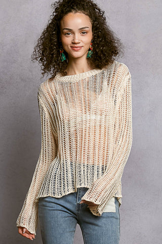 Sola Natural Sheer Crochet Sweater in a neutral cream tone.