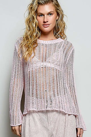 Sola Pink Sheer Crochet Sweater with a round neck and relaxed fit
