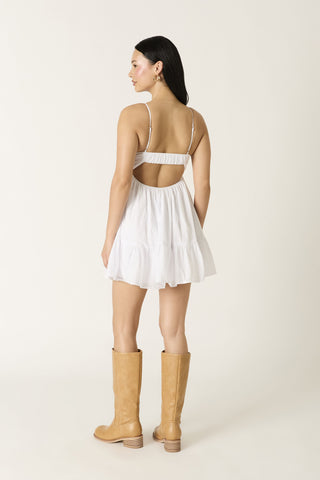 Rear view of the Esther spaghetti strap dress with ruffled hem