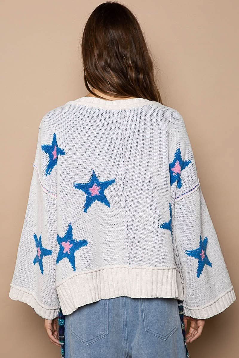 Cream Oversized V Neck Star Sweater