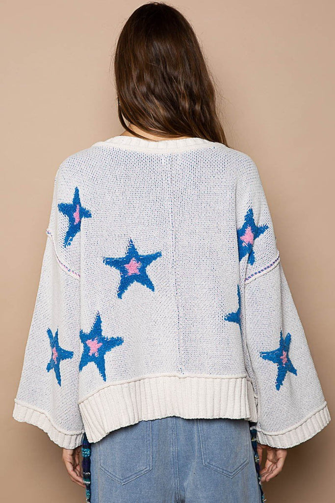 Cream Oversized V Neck Star Sweater