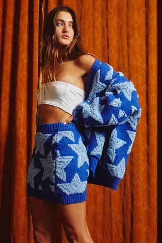 Star Pattern Sweater Mini Skirt - Blue Knit Skirt for Women

