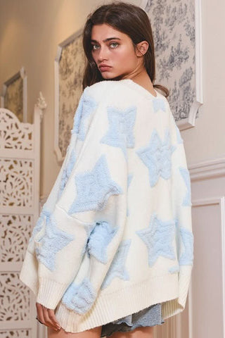 Meet Me At Midnight White & Light Blue  Star Cardigan  Back View