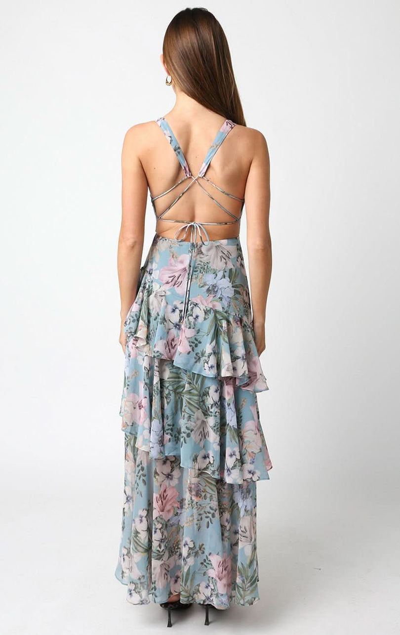 Stella Dusty Blue Floral Tiered Ruffle Maxi Dress a floral wedding guest dress