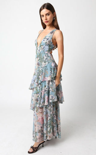 Sleeveless blue floral chiffon maxi dress with flowy tiered skirt