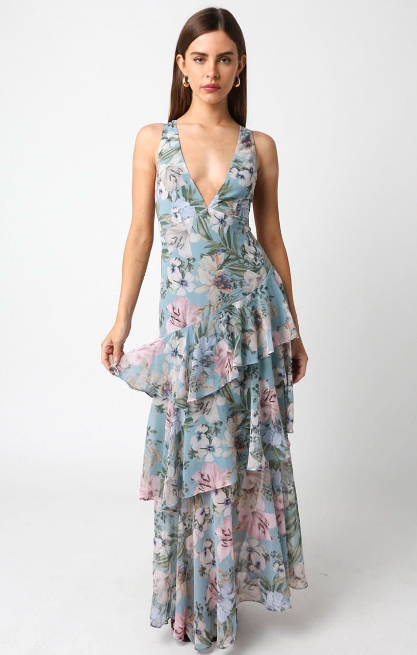 Stella Dusty Blue Floral Tiered Ruffle Maxi Dress a boho dress for wedding guest