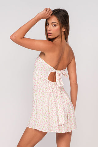 White and pink floral beach dress for summer vacations - back view