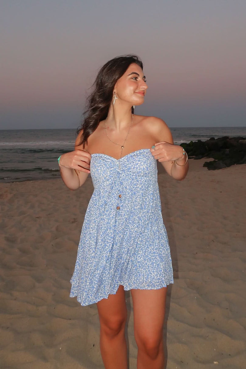 Lena Strapless Blue Floral  Mini Dress - Front View